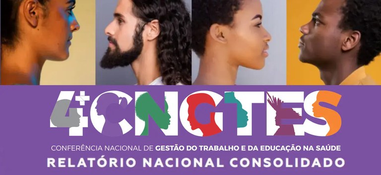 Em um fundo lilas, a logo da 4ª CNGTES e quatro rosotos de perfil