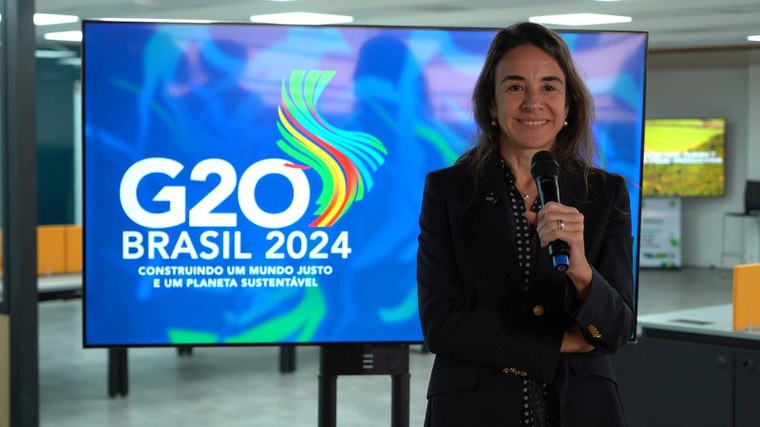 Tatiana Rosito, coordenadora da Trilha de Finanças, resume para a imprensa a reunião virtual ocorrida em Brasília            Foto: —Audiovisual G20 Brasil