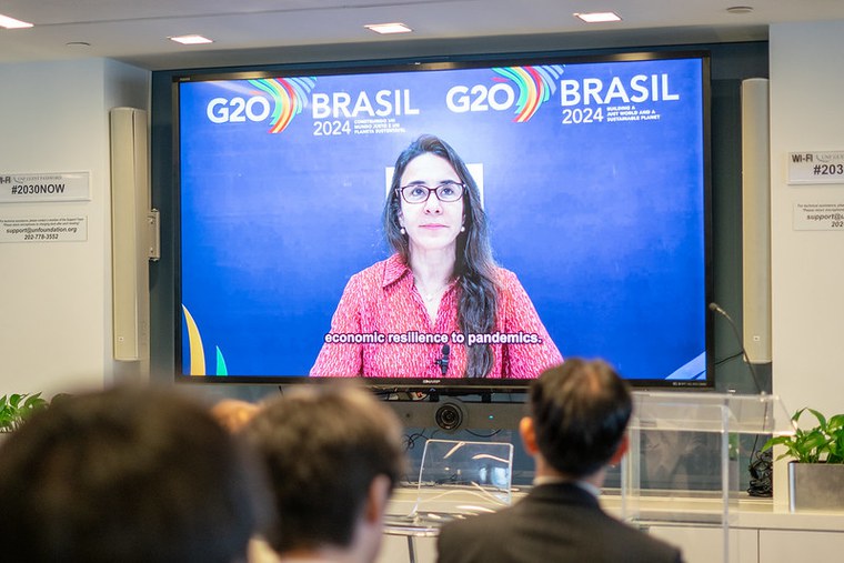 A embaixadora Tatiana Rosito, secretária do MF e coordenadora da Trilha de Finanças do G20, fala no evento paralelo sobre pandemias, em Washington — Foto: Audiovisual G20