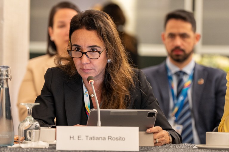 A embaixadora Tatiana Rosito, coordenadora da Trilha de Finanças do G20, apresenta as principais propostas da presidência brasileira para os BMDs — Foto: Media Rockefeller Foundation