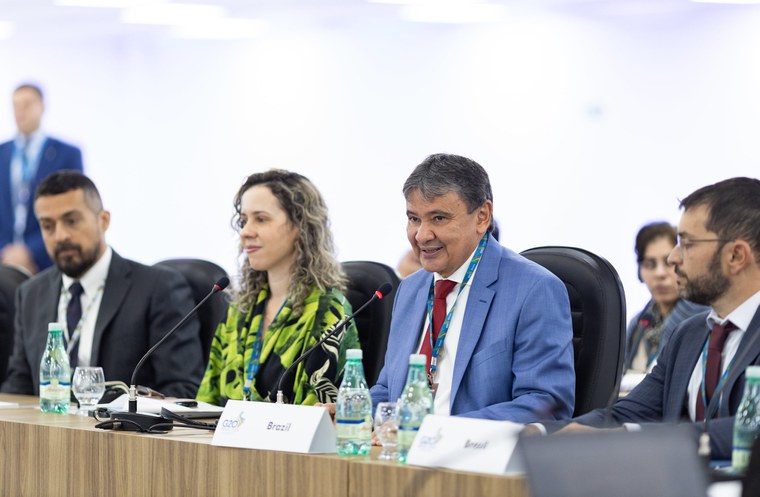 A subsecretária de Política Fiscal do MF, Débora Freire, e o ministro do Combate à Fome, Wellington Dias, durante a reunião da Força-Tarefa do G20 — Foto: Audiovisual/G20 Brasil