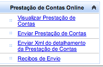 Menu com a opção 'Enviar Xml do detalhamento da Prestação de Contas'