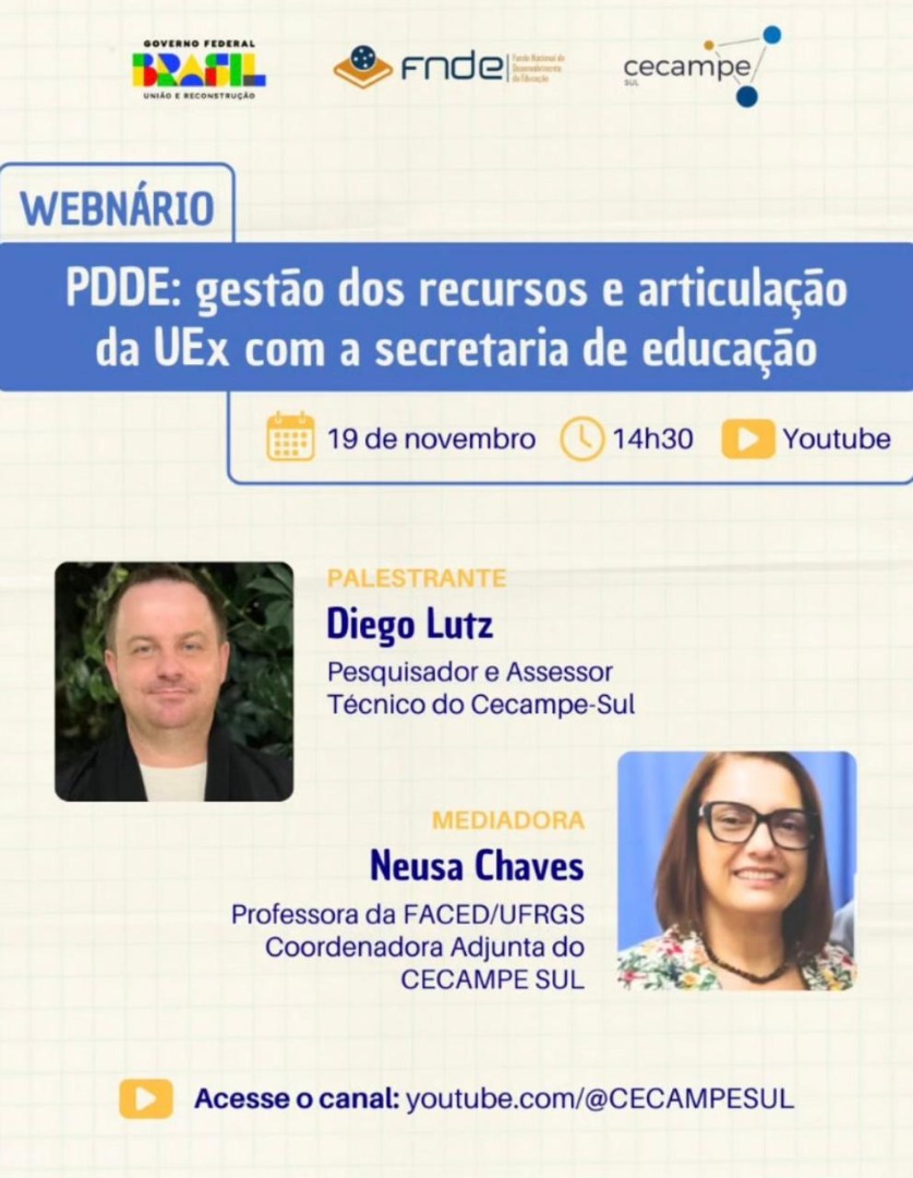 Cecampe-Sul promove webinar sobre o “PDDE: gestão de recursos e articulações”