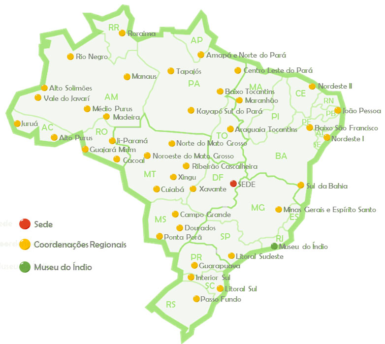 Mapa do Brasil indicando a localização das Coordenações Regionais