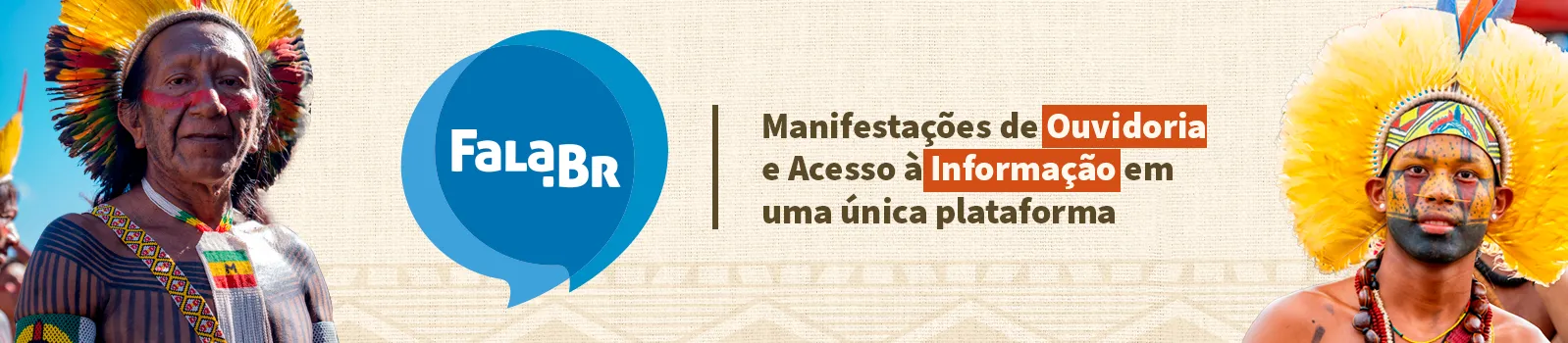 Imagens de dois indígenas com o texto FALA.BR - Manifestações de Ouvidoria e Acesso à Informação em uma única plataforma