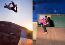 (1) Bob Burnquist no skate; (2) Bob Burnquist com obra em grafite - Imagens de Divulgação