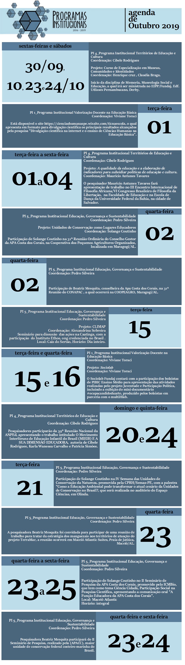 Agenda de Outubro/2019 dos Programas Institucionais