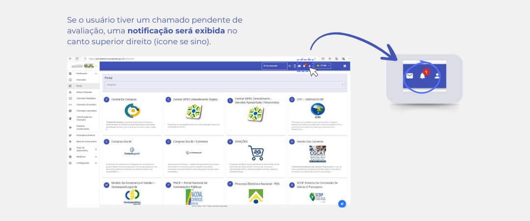 Se o usuário tiver um chamado pendente de avaliação, uma notificação será exibida no canto superior direito (ícone se sino).