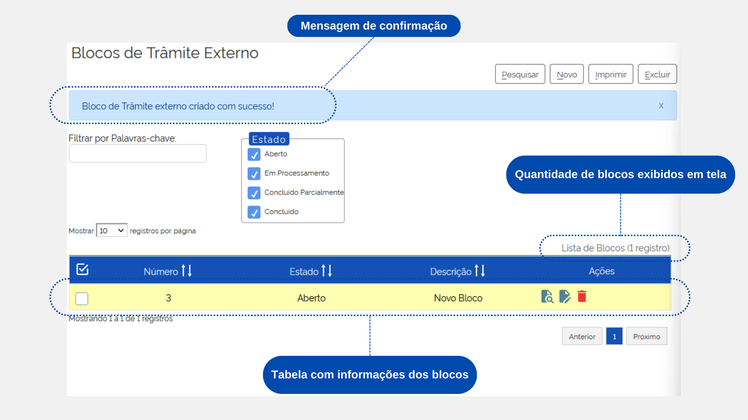 Figura 3 – Tela de Blocos de Trâmite Externo após criação de bloco. 