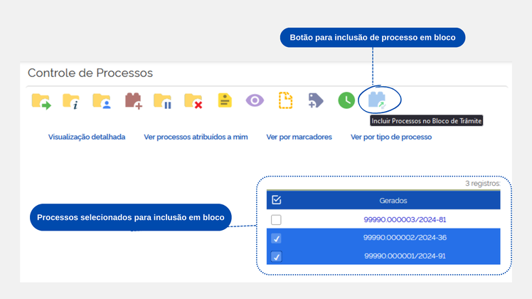 Figura 5 – Menu de ações disponível na tela de controle de processos.    