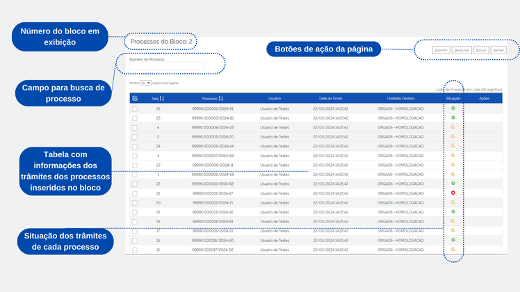 Figura 11 – Tela com os processos inseridos no Bloco de Trâmite Externo e suas possíveis situações. 