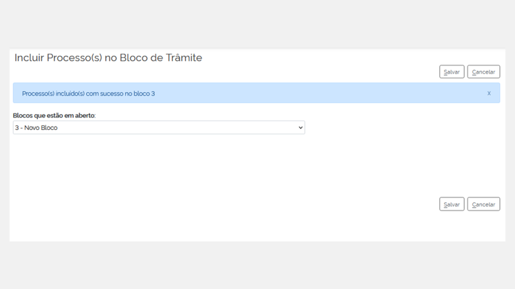 Figura 7 – Mensagem de confirmação exibida após inclusão de processo(s) no Bloco de Tramite Externo