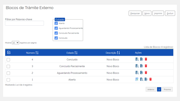 Figura 10 – Tela com os possíveis estados atribuídos aos Blocos de Trâmite Externo. 