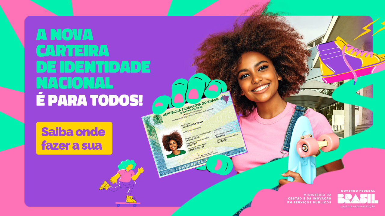 Mulher negra sorri mostrando a nova identidade. Texto: Saiba onde fazer a nova carteira nacional de identidade