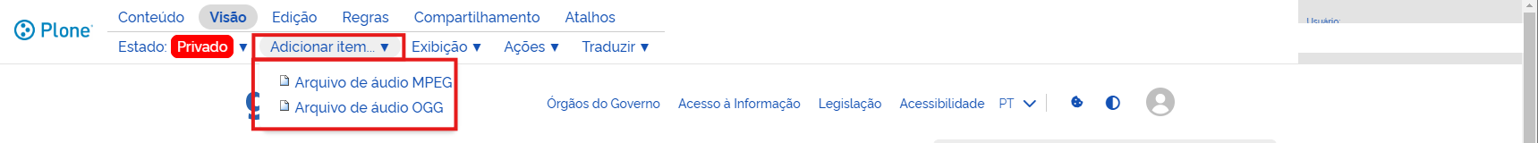 tela para adicionar item do tipo áudio