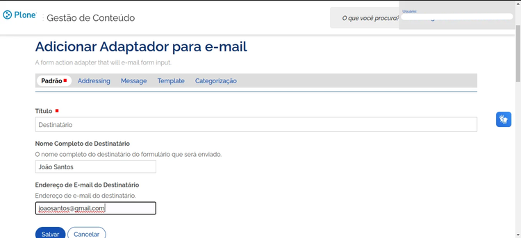 Tela de configuração do adaptador de email