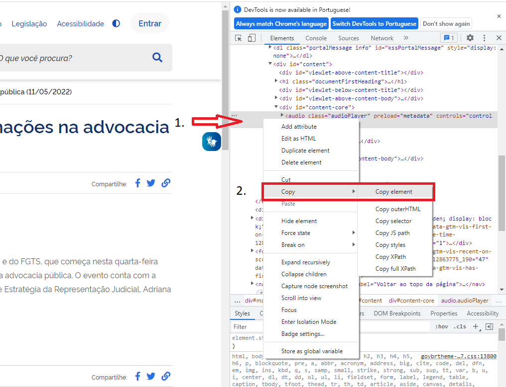 Tela do código da funcionalidade inspecionar Elemento, com destaque para o item Copy e Copy element