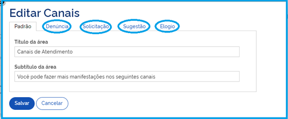 Tela de configuração dos canais