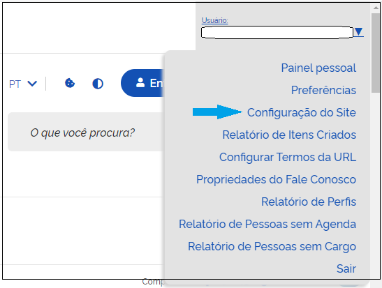 tela configuração do site