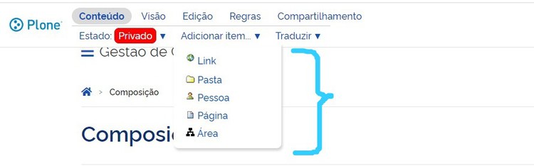 Mostra o item "Adicionar item" com as opções de inserção na pasta "Composição"