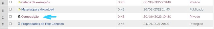 Lista de itens da pasta Conteúdo do site, mostrando o item composição