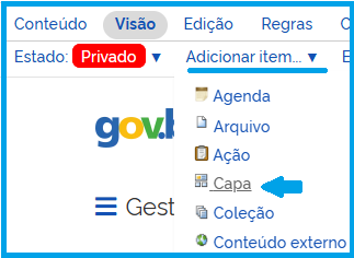 Tela mostrando a função Adicionar item no menu de edição, com uma seta apontando para Capa