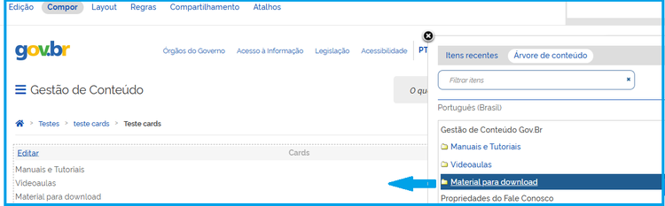 Visão da tela Compor mostrando como Adicionar conteúdo no tile de cards de uma capa.