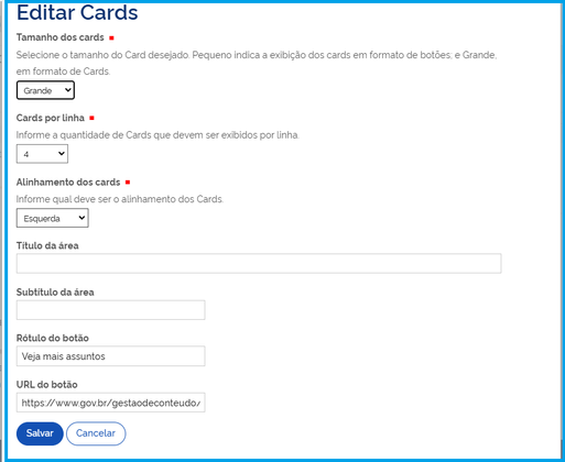 Visão da tela de edição dos Cards
