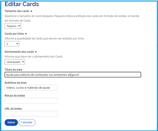 Visão das configurações dos cards: tamanho pequeno