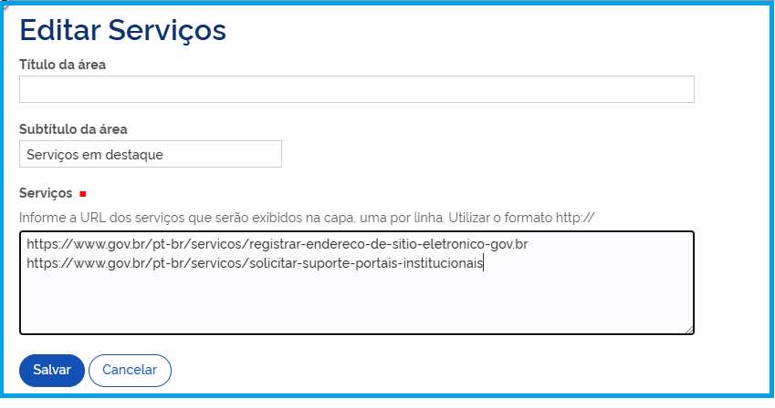 Visão da tela de inserção das urls dos serviços