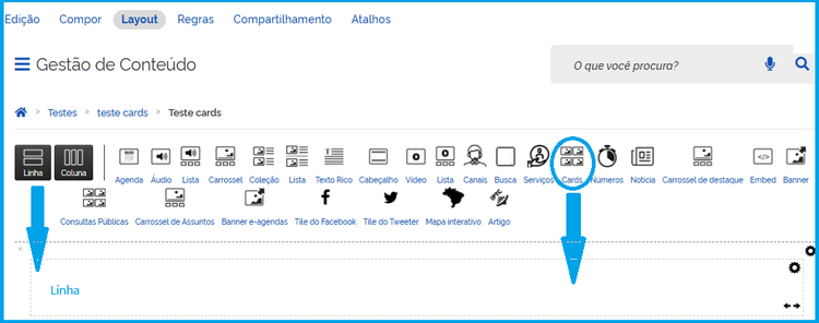 Visão do Layout da capa, mostrando como inserir uma Linha e o tile de Cards dentro dela.