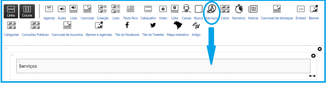 Visão do Layout mostra como inserir linha e arrastar para dentro dela o tile de Serviços