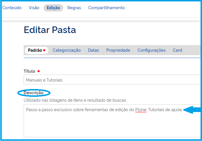 Tela de cadastro da descrição da pasta