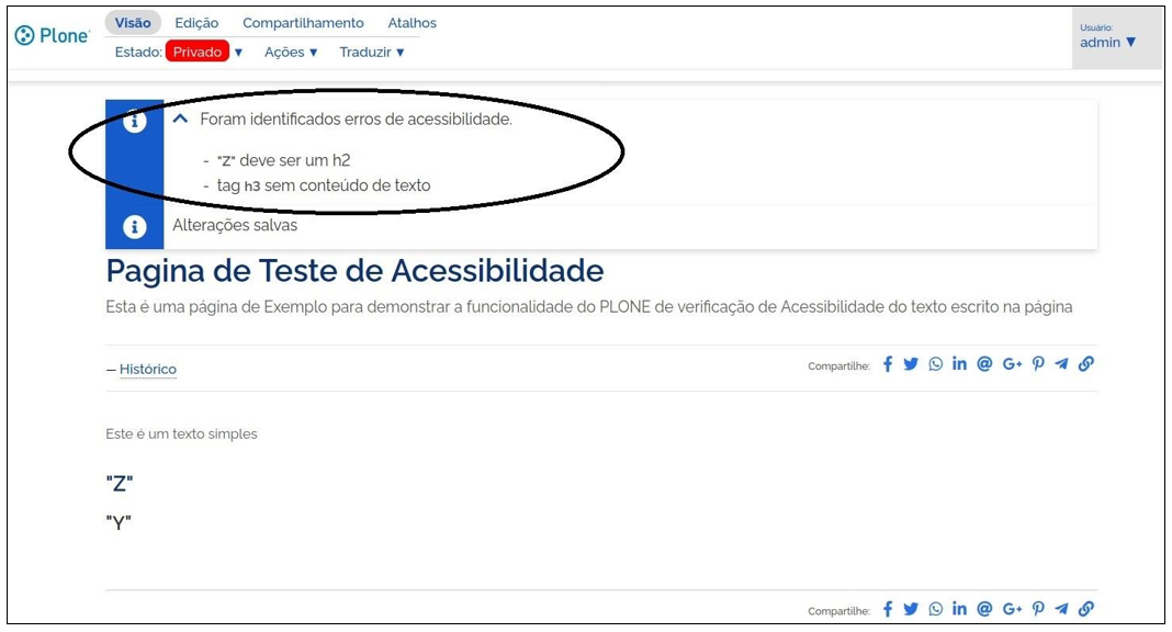 Alerta de erros de Acessibilidade pelo Plone  (Hierarquia de tags e tag sem preenchimento)