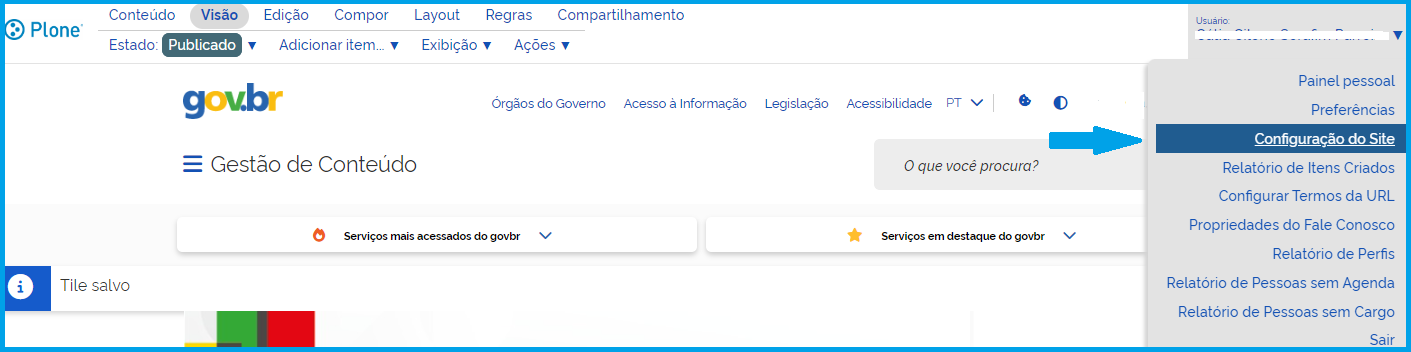 Visão do item Configuração do site