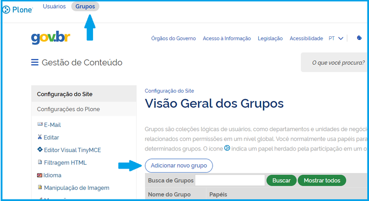 Visão da tela Adicionar novo grupo