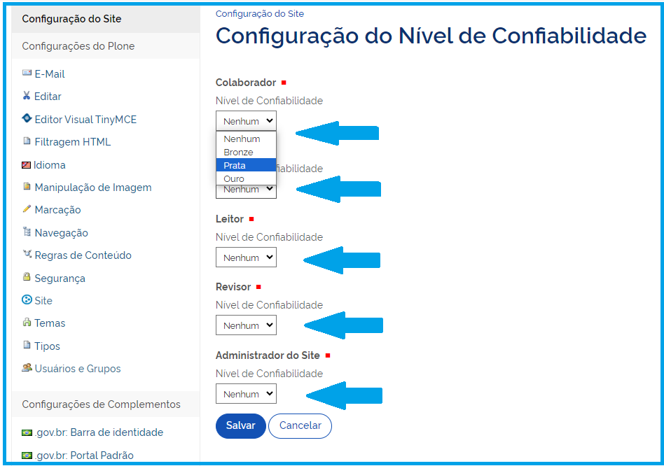 Tela de Configuração do Nível de Confiabilidade