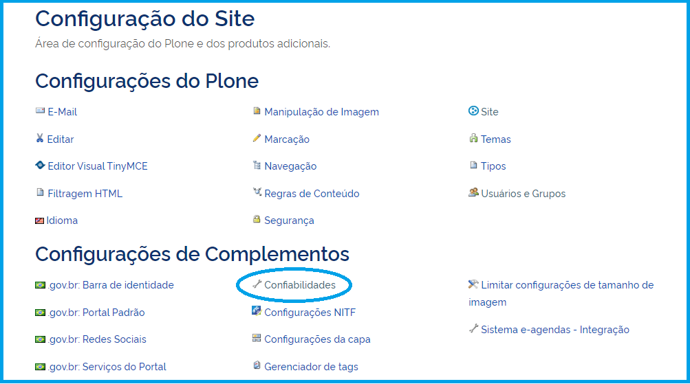 Tela da configuração de Confiabilidades