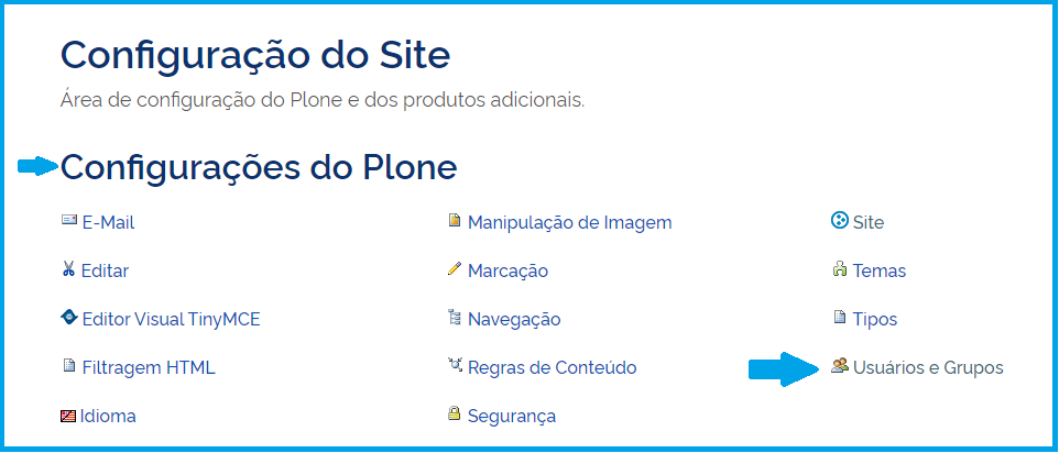 Visão Configurações do Plone - Usuários e Grupos