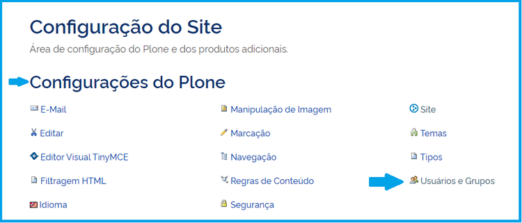 Visão Configurações do Plone - Usuários e Grupos