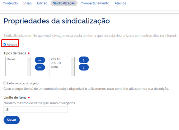 Tela de sindicalização com a caixa de ativação do RSS
