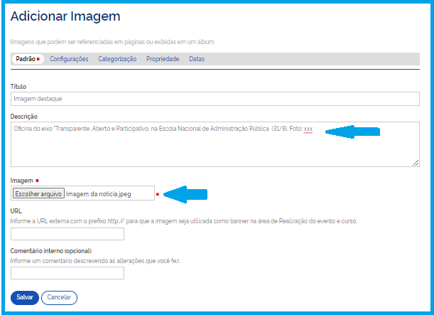 Visão da tela com os campos para adicionar a imagem da notícia