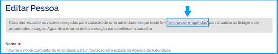 Tela de edição do item Pessoa com o link para sincronizar o e-Agendas