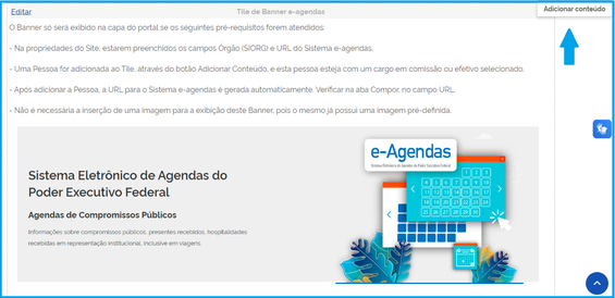 Tela com destaque para o botão Adicionar conteúdo no tile do banner e-agendas