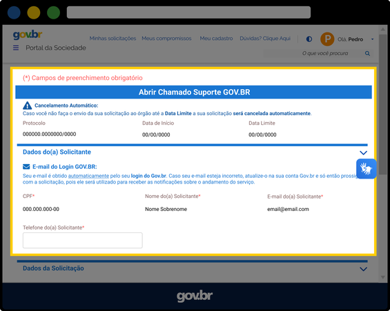 Tela para abertura de chamados ao suporte GOV.BR