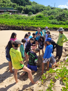 Crianças abrem ninho da tartaruga Tatá em atividade de educação ambiental, em Fernando de Noronha-PE.