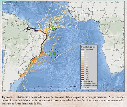 Figura 3: Distribuição e densidade de uso das áreas identificadas para as tartarugas marinhas.