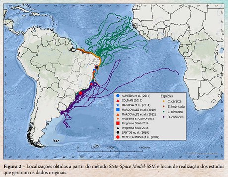 Figura 2: Localizações obtidas a partir do método State-Space-Model (SSM) e locais de realização dos estudos que geraram os dados originais