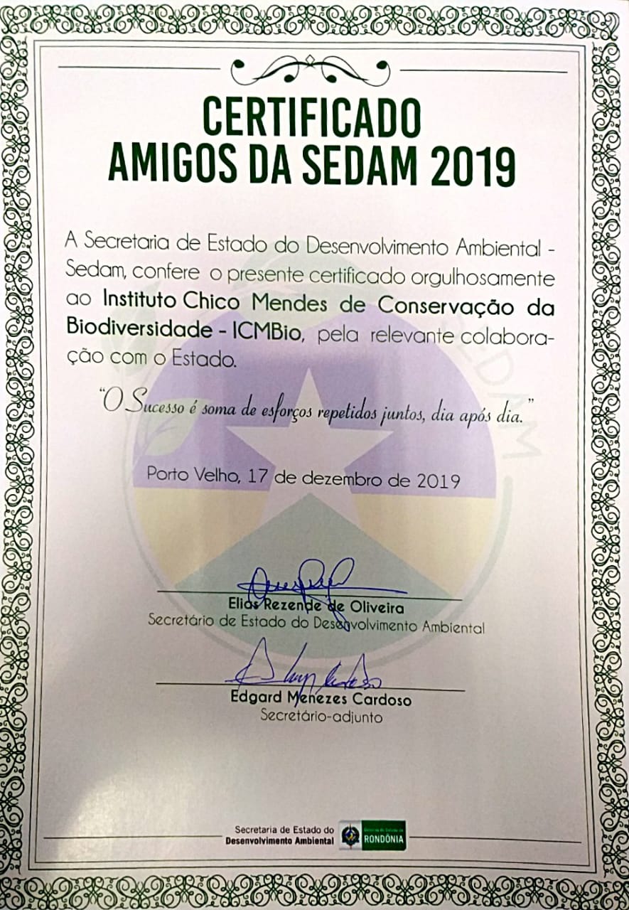 Certificado recebido marcou a presença do ICMBio como parceiro do Governo de Rondônia 