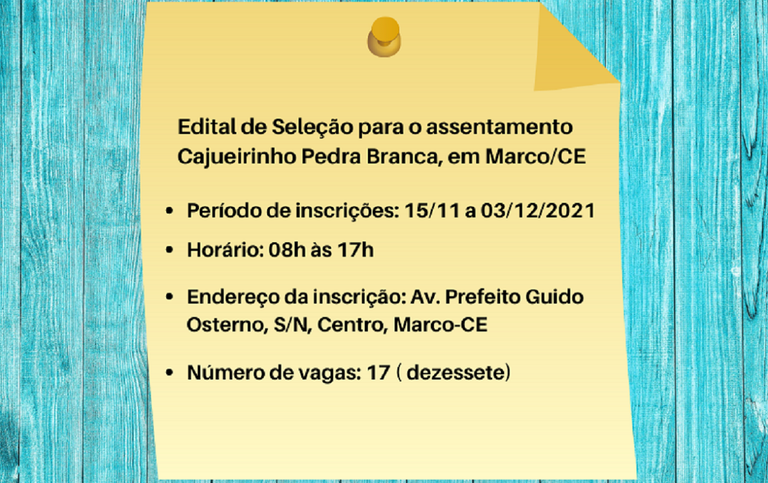 O Incra no Ceará lançou o primeiro edital para seleção de famílias beneficiárias do Programa Nacional de Reforma Agrária